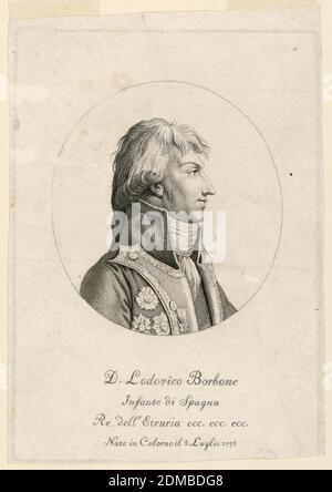 Porträt von Louis Bourbon, Kleinkinder von Spanien (1773- ), Gravur auf Papier, Vust-length Portrait in Seitenansicht nach rechts. Der junge Mann trägt einen hohen Kragen Mantel mit mehreren Aufträgen., Italien, ca. 1805, Drucken Stockfoto