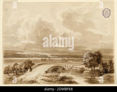 Landscape, Charles Nicolas Ransonnette, französisch, 1793 - 1877, Pinsel und Sepia waschen, weiße Aufhellung auf Papier, weite Vogelperspektive über eine von Hügeln umrandete Ebene. Eine Straße windet sich rückwärts. Eine gewölbte Brücke überquert einen Bach., Frankreich, Paris, Frankreich, 1793-1877, Zeichnung Stockfoto