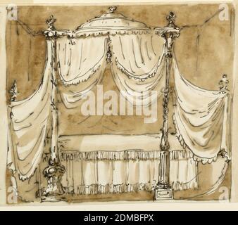 Design for a Canopy Bed, Giuseppe Barberi, Italienisch, 1746–1809, Feder und braune Tinte, Pinsel und braune Wäsche auf cremefarbenem Papier, gefüttert, zwei Säulen, für die alternative Designs vorgeschlagen werden, Unterstützung der Vorhänge. Das Bett ist von der langen Seite aus zu sehen. Stehen ist eine eckige Nische. Hintergrund AS -1641., Rom, Italien, ca. 1790, Innenräume, Zeichnung Stockfoto