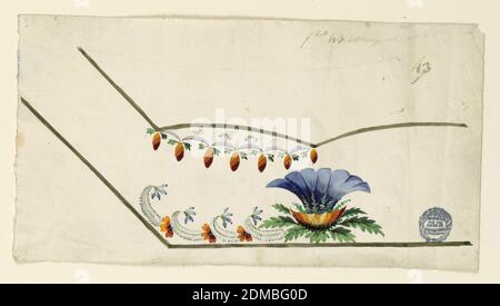 Design für die Stickerei einer Herrenweste, Graphit, Pinsel und Gouache, weiß auf Papier, unfertiges Design für die untere linke Ecke. Eine Pflanze und Blume Rollen unten; Kamm Grenze unter der Tasche., Frankreich, 1780–1790, Zeichnung Stockfoto