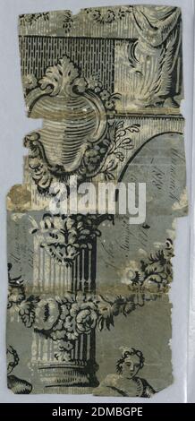 Seitenwand - Fragment, Blockdruck, Staupe, Öl, Details eines architektonischen Pfeiler- und Bogendesigns in schwarz-weiß gedruckt: A) Teil einer gewölbten Öffnung, mit Spandrel nach links, mit einer Rocaille-Kartusche gesetzt; oben, unterer Teil einer drapierten menschlichen Figur; b) kurze gechannelte Säule an der Basis von Kopf und Schultern von Frauen flankiert; über Säule ein floraler Schwamm; oben scheinbare Basis von Spandrel von 'A'., England, 1765–70, Wallcoverings, Sidewall - Fragment Stockfoto