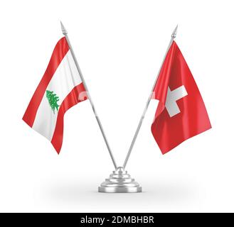 Schweiz und Libanon Tischflaggen isoliert auf weißem 3D-Rendering Stockfoto
