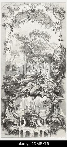 Triomphe de Pomone (Triumph von Pomona), aus Nouveaux morceaux pour des paravants (Neue Entwürfe für Bildschirme), François Boucher, französisch, 1703 – 1770, Charles-Nicolas Cochin der Jüngere, 1715 - 1790, Nicolas de Larmessin IV, französisch, 1684 - 1755, Radierung und Gravur auf weißem Büttenpapier, Eines von fünf Paneldesigns für einen Klappbildschirm. Zu den weiteren Entwürfen der Serie gehören Rocaille (Rock Garden), geätzt von Charles Nicolas Cochin, Hommage Champêtre (Pastorale), Léda und Triomphe de Priape (Triumph des Priapus), alle geätzt von Claude Duflos dem Jüngeren. Dieses Panel-Design zeigt Pomona, eine Nymphe Stockfoto