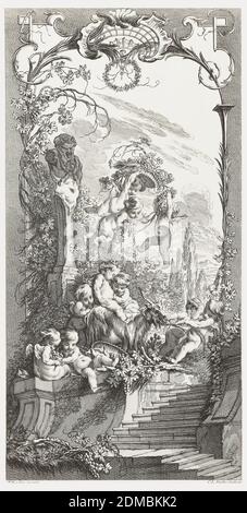 Triomphe de Priape (Triumph des Priapus), aus Nouveaux morceaux pour des paravants (Neue Entwürfe für Leinwände), François Boucher, französisch, 1703 – 1770, Claude Augustin Duflos, französisch, 1700–1786, Nicolas de Larmessin IV, französisch, 1684 - 1755, Radierung und Gravur auf weißem Büttenpapier, Eines von fünf Bedienfeldern für einen klappbaren Bildschirm. Zu den weiteren Entwürfen der Serie gehören Rocaille (Rock Garden), Hommage Champêtre (Pastorale) und Léda (Leda und der Schwan), alle geätzt von Claude Duflos, und Triomphe de Pomone (Triumph von Pomona), geätzt von Charles Nicolas Cochin dem Jüngeren. Muschelmotiv oben. Stockfoto