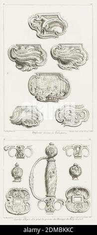 Verschiedene Desseins de Tabatières, deuxième planche [verschiedene Designs für Snuff-Boxen, zweite Platte], pl. 50 in Oeuvre de Juste-Aurèle Meissonnier, Juste-Aurèle Meissonnier, Französisch, B. Italien, 1695–1750, Gabriel Huquier, französisch, 1695–1772, Gabriel Huquier, französisch, 1695–1772, Radierung auf cremeweißem Papier, sechs Rokoko-Entwürfe für Schnuffboxen. Oben Mitte: Mehrere Figuren stehen vor einer Balustrade, eine Figur (oben links) sitzt neben einem Brunnen; mittlere Kartusche: Weibliche Figur vor dem Alter mit solomonischen Säulen, Putti im Überfluss, zentrale weibliche Figur hält regiert Stockfoto