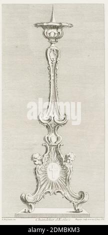 Chandelier d'Eglise (Kirchenleuchter), Platte 81, aus den Werken von Juste-Aurèle Aurèle Meissonnier, Juste-Aurèle Meissonnier, Französisch, B. Italien, 1695–1750, Gabriel Huquier, französisch, 1695–1772, graviert auf weißem Papier, Fußlampe im Rokoko-Stil; Hauptkörper zeigt Kreuz mit Strahlen. Oben blicken zwei Putti-Köpfe nach unten; oben ist die Lampe in einer etwa dreieckigen Form, die aus C-Kurven besteht, die nach oben zu einem schüsselartigen Element mit einem Punkt führen., Paris, Frankreich, 1695–1750, Metallarbeiten, Druck Stockfoto