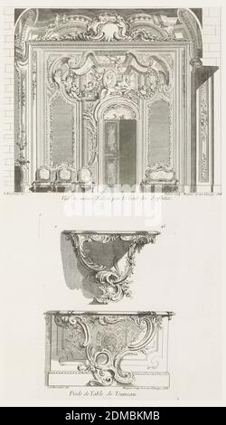 Vuë du même Sallon par le bout des Sophies (Blick auf den gleichen Salon), Platte 86, in oeuvres de Juste-Aurèle Meissonnier (Werke von Juste-Aurèle Meissonnier), Juste-Aurèle Meissonnier, Französisch, B. Italien, 1695–1750, Pierre Edme Babel, Französisch, ca. 1720-1775, Gabriel Huquier, französisch, 1695–1772, Gravieren auf weißem Papier, Salondekoration mit Putti, C-Kurven; Trompe l'oeil mit Kartusche und Porträt einer Frau, die von Putti, Blumen, Rocaille gehalten und umgeben ist; darunter Muschel über Tür, die von zwei Spiegeln flankiert wird; Links, drei Stühle, rechts, ein Sofa., Paris, Frankreich, 1695–1750, Inneneinrichtung Stockfoto