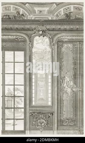 Vue des trumeaux du même Cabinet; Vue des trumeaux du même Cabinet, 3. Platte, Juste-Aurèle Meissonnier, Französisch, B. Italien, 1695–1750, Gabriel Huquier, französisch, 1695–1772, Maruice Baquoy, französisch, 1680 – 1747, Gravieren auf weißem Büttenpapier, Detail des Kabinetts von Graf Bielinski (1921-6-212-45). Die Ansicht zeigt einen reflektierenden Pier-Spiegel mit einer an der Wand montierten Konsolentisch darunter. Links sieht man eine Szene aus Stufen, hohen Säulen, einer großen Urne und grünen Bäumen durch das Fenster. Rechts eine große, in der Mitte mit einem geflügelten Engel, der ein Horn bläst, geschmückte Boiserie., Paris, Frankreich, 1742–48 Stockfoto