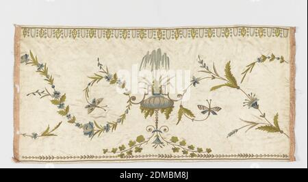 Textile fragment, Medium: silk and metallic embroidery on silk foundation Technique: embroidered on satin weave, Strip of white silk satin embroidered with chain stitch in green, blue and grey silk showing a design of floral arabesques terminating in butterflies. At center, a fountain with bandelwerk. Selvedge on two sides, strips of pink with three pines of metal yarns, and a narrow border of three red warps., Europe, mid- 18th century, embroidery & stitching, Textile fragment Stock Photo