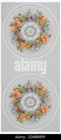 Ceiling medallion, Block-printed paper, Vertical rectangle. Two large circular medallions, outlined in lighter gray on gray field; each contains a wreath of roses and periwinkles. In the center of each is a conventionalized lotus rosette, in gray. Printed in colors on gray ground., France, ca. 1860, Wallcoverings, Ceiling medallion Stock Photo