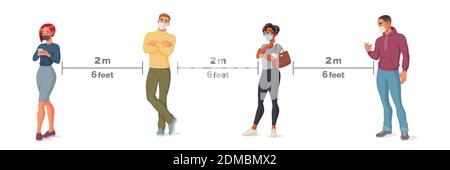 Menschen in Gesichtsmasken stehen in der Schlange. Soziale Distanz Vektor-Illustration. Stock Vektor