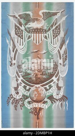 New York Crystal Palace, 1853, Maschine gedruckt auf durchgehendem Papier, Glas und Gusseisen Gebäude (der New York Crystal Palace) in großen runden Rahmen. Gruppen von Menschen auf dem Palastgelände. Oben ist ein ausgebreiteten Adler, der auf einem Schild aus Sternen und Streifen thront. Flankierende Adler sind ausgefaltete Flaggen der USA und anderer Nationen. Unten in der Mitte befindet sich der Globus auf dem Banner mit der Aufschrift "New York Crystal Palace 1853", darunter ein Blütenspray und eine Palmwedel. Sechs Flurs-de-lys Rand unten des Rahmens. Gedruckt in grau, korallenen und grünen "Regenbogen" Streifen, weiß und braun auf blauem Grund Stockfoto