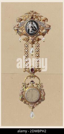 Design for a Chatelaine with Watch, Alexis Falize, French, 1811–1898, Pinsel und Gouache, Gummilack, Graphit auf bufffarbenem Büttenpapier, Design für eine diamantbesetzte goldene Uhr, die an einer schweren goldenen Brosche (Chatelaine) hängt. Dieses atemberaubende Juwel im Stil der Neorenaissance mit Perlen und Rubinen ist mit einem goldenen Stundenglas und einer Figur des Vaters der Zeit mit einer Sense verziert. Geflügelte weibliche Meerestiere unterstützen die Brosche und das Uhrengehäuse., Paris, Frankreich, ca. 1875, Schmuck, Zeichnung Stockfoto