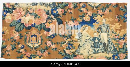 Textil, Medium: Baumwolltechnik: Bedruckt mit gravierter Walze und Block auf Leinwandbindung, Oblong-Fragment, wahrscheinlich für eine Volance, einer grob bedruckten Baumwolle in kräftigen Farben, jetzt verblasst. Die Gestaltung zeigt Kaiserin Eugenie, Napoleon III. Und den Fürsten Imperial rechts mit dem Wappen Napoleons III. Links. Beide sind umrahmt mit Blumenkränzen etc., Frankreich, 1853–71, bedruckte, gefärbte & bemalte Textilien, Textil Stockfoto