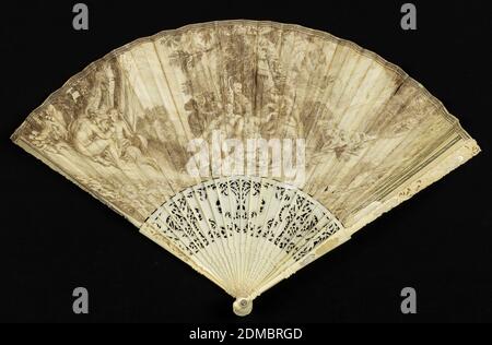 Pleated fan, Front and back leaves of fine parchment with pen and ink drawing, carved, incised and pierced ivory sticks with mother-of-pearl inlay, glass stone at rivet, Pleated fan. Parchment leaf with pen and ink drawing showing bacchanalian scene of the drunken Silenus, a figure connected with Dionysus and vintage festivals, lying in the company of his retinue. Reverse: strap ornament and drapery in black line with hatching and black border. Incised and pierced ivory sticks with rococo scroll work and mother-of-pearl inlay. Glass stone at rivet., Italy, late 17th–mid- 18th century, costume Stock Photo