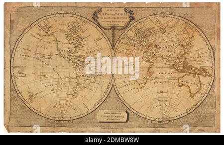 An Outline Map of the World for Ladies Needlework and Young Students of Geography, Medium: silk Technique: embroidered on satin weave Label: silk satin embroidered with silk, A map sampler of the world showing the two hemispheres, labeled Western Hemisphere or New World and Eastern Hemisphere or Old World., England, 1798, embroidery & stitching, Map sampler, Map sampler Stock Photo