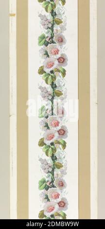Bordüre, Blockdruck und Beflockung auf maschinengefertigten Papier, Kabelverformung oder Seilwerk. Gedruckt in grüner Flock, überdruckt in Grüntönen. Auf weißem Grund., Frankreich, 1835–1900, Wallcoverings, Border Stockfoto