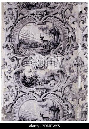 Sidewall, Block-printed, Scrollwork enframing landscape with stag and mountains, printed in grisaille on gray ground., probably USA, 1840–60, Wallcoverings, Sidewall Stock Photo