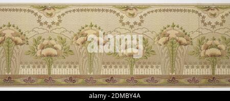 Frieze, Machine-printed paper, On cream ground, alternating tall and short plants on green stems and bushy beige and cream blossoms. Upper border has row of beige flowers with rounded blossom in beige and cream; lower border has purple three-leaved plant on green grass., USA, 1905–1915, Wallcoverings, Frieze Stock Photo