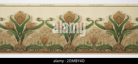 Frieze, Carey Bros. W.P. Mfg. Co., Philadelphia, Pennsylvania, founded 1882, Machine-printed paper, Grouping of three tulips alternating with single tulip. Printed in shades of brown, green, and tan on tan ground., Philadelphia, Pennsylvania, USA, 1905–1915, Wallcoverings, Frieze Stock Photo