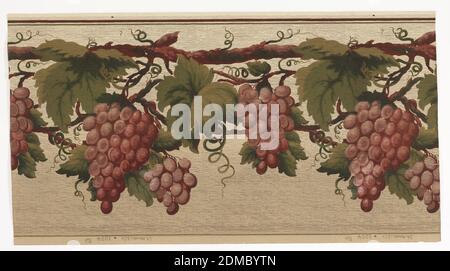 Frieze, Machine-printed paper, Large-scale bunches of deep red grapes hanging from vines. The entire design is overprinted with thin, horizontal wavy black lines and metallic gold pin dots. The background color shades from a pale yellow at the top to a greenish-taupe at the bottom. The pattern number is 3004., 1905–1915, Wallcoverings, Frieze Stock Photo