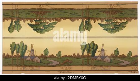 Frieze, Standard Wall-Paper Company, Standard Wall-Paper Company, Sandy Hill, New York, maschinenbedrucktes Papier, Landschaftsszene mit Häusern und einer Windmühle, Baumhaufen., Sandy Hill, New York, USA, 1905–1915, Wallcoverings, Frieze Stockfoto