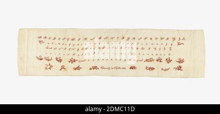 Sampler, Medium: Seidenstickerei auf Baumwollfundament Technik: Stiel-, Satin- und Knotenstiche auf Leinwandfundament, Buchstaben und Motive, alle in rot., Deutschland, 1815, Stickereien & Stitching, Sampler Stockfoto