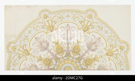 Ceiling medallion, Zuber & Cie, Rixheim, Alsace, France, founded 1797, Block-printed paper, Half trompe l'oeil ceiling rosette from decor 'Renaissance'. Printed in grisaille, mauve and gold., France, ca. 1850, Wallcoverings, Ceiling medallion Stock Photo