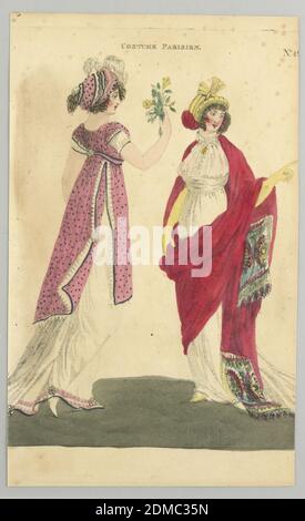 Tafel 49, Kostüm Parisien, Zeitschrift für Damenmode von London und Paris, R. Phillips, Brite, aktiv Anfang des 19. Jahrhunderts, Radierung, handfarbig mit Pinsel und Aquarell auf cremefarbenem Papier, Mode-Illustration mit einer Frau auf der linken Seite in einem bodenlangen Kleid, das eine lange, Weißer Rock und eine knielange obere Schicht, die sich öffnet und schwarze Punkte auf einem rosa Hintergrund zeigt. Ihr lockiges, braunes Haar ist mit einem passenden pink-schwarzen Hut mit Federn bedeckt, die von oben auftauchen. Sie erscheint im Profil Stockfoto