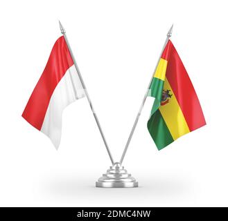Bolivien und Indonesien Tischflaggen isoliert auf weißem 3D-Rendering Stockfoto