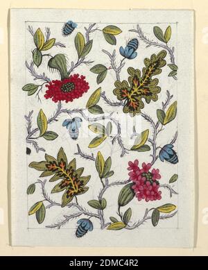 Blumenmuster für bedruckte Textilien, Louis-Albert DuBois, Schweizer, 1752–1818, Pinsel und Gouache, Graphit auf weißem Webpapier, mehrfarbiges Blumen- und Blattmuster auf weißem Grund, linierter Graphitrand., Frankreich, 1800–1818, Textildesigns, Zeichnung Stockfoto