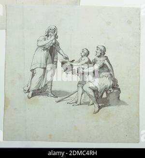 Skizze für eine ungenutzte Szene für einen Cartoon für Baumwolldruck: La Vie de Bélisaire, B. M. Lebert, 1759–1836, Stift und Tinte, Pinsel und Grauwäsche auf Papier, Skizze für eine Insel für einen Zeichentrickfilm zum Baumwolldruck, der einen blinden Soldaten beim Betteln zeigt, einen jungen Begleiter, der einen Helm auf eine weinende Frau ausstreckte, die eine Münze hineinwirft. (Wahrscheinlich eine ungenutzte Insel für ein Belisarius-Subjekt; Insel zeigt den blinden Belisarius, der um Almosen bettelt.), Frankreich, ca. 1820, Zeichnung Stockfoto