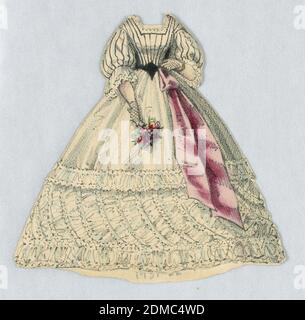 Papierpuppe Kostüm in Creme mit schwarzen Streifen und rosa Schärpe, Lithograph, Pinsel und Aquarelle auf cremeschwerem Wove Papier, Dieses cremefarbene Kleid hat schwarze Streifen auf dem Mieder und den Ärmeln. Ein rosa Schärpe Vorhänge von der Seite , und der volle Rock ist hat weitere Dekoration . Sie trägt schwarze Netzhandschuhe. Die Vorder- und Rückseite dieses Kleides sind abgebildet., USA, 1876–80, Toys & Games, Print Stockfoto