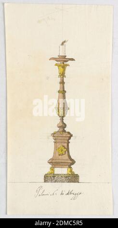 Design für einen Kerzenständer, Luigi Righetti, Italienisch, 1780 - 1819, Stift und Tinte, Pinsel und Sepia waschen, gelb, braun-rot Aquarell, Graphit auf Papier, Vertikales Rechteck. Design für einen Kerzenständer, der Boden steht mit Löwenfüßen auf einer runden Basis aus gesprenkeltem Marmor. Schaft bestehend aus einer hohen Basis und Säule, hält die Hauptstadt eine Blüte, die zum Sockel führt und eine meist verbrannte Kerze., Rom, Italien, Anfang des 19. Jahrhunderts, Beleuchtung, Zeichnung Stockfoto