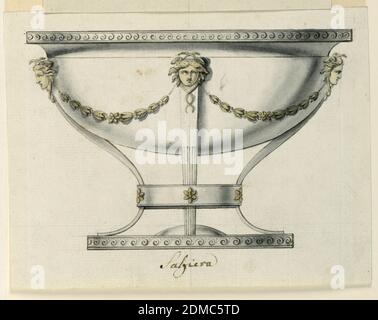 Entwurf für einen Salzkeller, Giovacchino Belli, italienisch, 1756 - 1822, Feder und braune Tinte, Pinsel und grau, hellgelbe Wäsche, Graphit auf Papier, horizontales Rechteck. Entwurf für einen Salzkeller, der in teilweise vergoldetem Silber ausgeführt werden soll. Das Design hat die gleichen Elemente wie 1938-88-648: Unten ist eine kreisförmige Basis mit einem Teil einer Kugel in der Mitte. Die Stützen sind vier Scrollbeine, die in den unteren Teilen der Front gerillt und durch einen Ring mit Rosetten miteinander verbunden sind. Oben sind Medusa-Masken, die durch Festoons verbunden sind, auf der Schale. Der Rand hat ein Wellenornament. Stockfoto