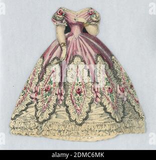 Papierpuppe Kostüm in rosa und weiße Spitze, Lithograph, Pinsel und Aquarell auf cremeschwerem Wove Papier, rosa Satinkleid mit Korsett Taille und Rock verblasst zu einem Spitzen weiß mit Schleifen und Rose Dekorationen. Sowohl Vorder- als auch Rückseite des Papierpuppe-Kostüms dargestellt., USA, 1876–80, Spielzeug & Spiele, Print Stockfoto