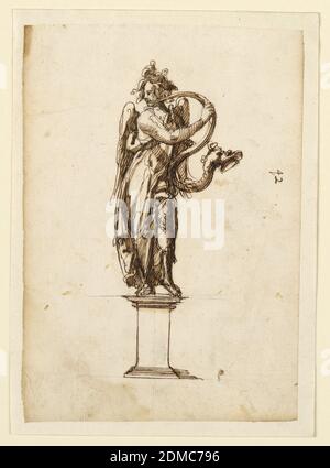 Design for Sculpture: Angel Blawing Serpentine Horn, Leonardo Scaglia, Französisch, aktiv Italien, 1640 – 1650, Feder und braune Tinte, Pinsel und braune Wäsche, schwarze Kreide auf weiß gedeckten Papier, gelegt, ein Engel steht contrapposto auf einem Sockel, Kopf nach links gedreht, während er in ein Serpentinhorn bläst, das im Kopf eines Tieres endet., Italien, Frankreich, Ende des 17. Jahrhunderts, Skulptur, Zeichnung Stockfoto