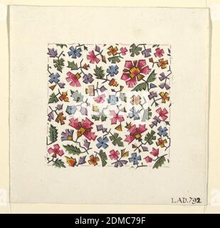 Stilisiertes Blumenmuster für bedruckte Textilien, Louis-Albert DuBois, Schweizer, 1752–1818, Pinsel und Gouache, Graphit auf weißem Webpapier, dichtes Muster aus rosa, blau und grün stilisierten Blumen auf weißem Grund., Frankreich, 1800–1818, Textildesigns, Zeichnung Stockfoto