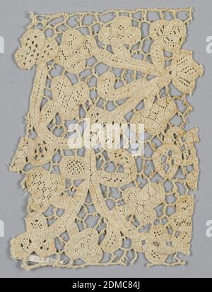 Fragment, Medium: linen Technique: lace of early premade tape with needlework fillings, Insertion fragment showing a floral pattern with birds in the style of 'mezzo punto' lace – a combination of bobbin made tape with needlework filling stitches., Italy, 17th century, lace, Fragment Stock Photo