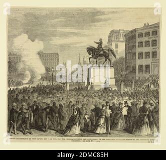 Blick auf den Union Square nach der Ankündigung der Nominierung von Horatio Seymoure durch die Democratic National Convention, Holzstich auf Papier, Blick auf den Union Square, New York, zeigt Menschenmassen, die in einer politischen Kundgebung versammelt waren. Bildunterschrift: Volksdemonstration auf dem Union Square, New York City, 9. Juli, unmittelbar nach der Ankündigung der Ernennung von Horatio Seymoure durch die Demokratische Nationalkonvention, USA, 1868, Print Stockfoto