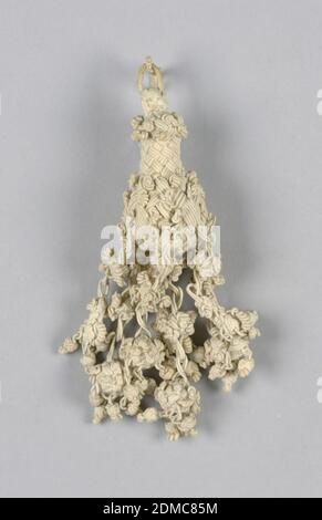 Tassel, Medium: linen Technique: braided and knotted, Linen tassel, braided and knotted. Double loops attached to pear-shaped unit from which hang seven elements, knotted and braided, including center., Italy, Europe, 17th century, trimmings, Tassel Stock Photo