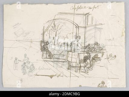 Design for a Painted Porcelain Plate, Confiture en Pot (Potted Jam) for the Service des Objets de Dessert (Dessert Service), Jean Charles Develly, französisch, 1783 - 1849, Sèvres Porzellan Manufaktur, französisch, gegründet 1756 bis heute, Stift und Pinsel und braune Tinte, Graphit auf cremefarbenem Papier, Design für eine bemalte Porzellanteller, Rondel. Skizze zeigt eine Figur einer Frau, Mitte Mittelfeld, Dienst [?] Stau auf ein Kind. Eine Figur sitzt, links mittig, vor einer Handfläche [?] Baum. Eine zweite Skizze im linken Vordergrund zeigt vier Figuren, von denen eine etwas Stau abgibt Stockfoto