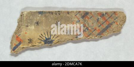 Bandbox, Block-bedrucktes Papier auf Pasteboard-Unterstützung, Design mit Flagge, Adler mit Union-Banner, Sterne und Mond. Der große Mond und Stern enthalten Gesichter. Gedruckt auf einem orangefarbenen und blauen karierten Hintergrund. Originaldokument zu 'Eagle Plaid'., USA, 1820–50, Wallcoverings, Bandbox Stockfoto
