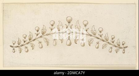 Design für einen Coronet, Stift und Tinte, Pinsel und Sepia waschen auf Papier, Horizontal Rechteck. Design für eine kleine Krone oder Tiara. In der Mitte konvergieren zwei Zweige mit abwechselnd zwei Stängeln, wobei der nach oben zwei Blätter und eine runde Perle hat, der nach unten ein perlähnlicher Diamant unter zwei kleinen Blättern und zwei Blättern. In der Mitte wird eine Raute gebildet, mit einem Diamanten oben, in der Mitte und unten., Italien, Mitte des 19. Jahrhunderts, Schmuck, Zeichnung Stockfoto