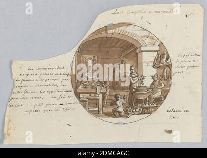 Entwurf für eine bemalte Porzellanplatte, Les Compotes et Marmelades (Compotes and Marmalades) für den Service des Objets de Dessert (Dessert Service), Jean Charles Develly, französisch, 1783 - 1849, Sèvres Porzellanmanufaktur, französisch, gegründet 1756 bis heute, Stift und braune Tinte, Pinsel und braune Wäsche, weiße Gouache, Graphit auf cremefarbenem Papier, kreisförmiger Rand in Feder und brauner Tinte, Design für einen bemalten Porzellanteller, Rondel. Szene in einer Küche. Eine Figur einer Köchin, rechts mittelmahlen, schneidet Früchte in eine große Schüssel, während eine Frau, rechts sitzend, ihr hilft. Stockfoto