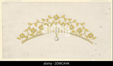 Design für Coronet, Pen und braune Tinte, Pinsel und grau, gelb waschen, Graphit auf weißem Wove-Papier, Horizontal Rechteck. Design für eine kleine Krone oder Tiara, die in Gold mit weißen Diamanten ausgeführt werden soll. Zweige mit Blättern und Blüten wie Rosetten mit einem Diamanten in der Mitte. Darunter ein Streifen mit einer Reihe von runden Diamanten mit einer Rosette mit einem großen und vier kleinen Diamanten in der Mitte mit einer hängenden Perle. Verso: Teile geometrischer Figuren in rot., Italien, 1820–30, Schmuck, Zeichnung Stockfoto