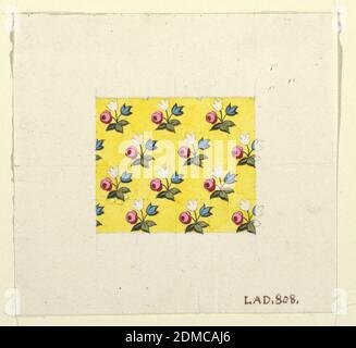 Blumenmuster für bedruckte Textilien, Louis-Albert DuBois, Swiss, 1752–1818, Pinsel und Gouache, Graphit auf weißem Webpapier, kleine Büschel aus Rosa, Weiß und Blau. Blumen auf gelbem Grund, Graphitgitter., Frankreich, 1800–1818, Textildesigns, Zeichnung Stockfoto