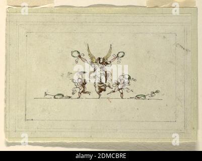 Victory with a Girlande, Sala di Recezione, Palazzo Quirinale, Rome, Felice Giani, Italian, 1758–1823, Pen und dunkelgraue Tusche, Pinsel und Farbwäsche über schwarzer Kreide Linienführung auf beigefarbenem Gewebspapier Stütze: Beigefarbenes Gewebspapier, Fame wirft Girlanden in beiden Händen. Links Putto mit Füllhorn, rechts Putto mit Girlande. Auf dem Boden links Girlande und Trompete; rechts Girlande und Thyrsus. Linierte Linien in schwarzer Kreide suggerieren rechteckige Formteile., Rom, Italien, Italien, 1812, Interieurs, Drawing Stockfoto