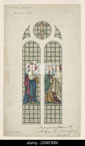 Design für Glasfenster, St. Paul's Church, Boston, MA, Sir Edward Burne-Jones, Englisch, 1833–1898, Stift und Tinte, Pinsel und Aquarell auf Papier, Fenster bestehend aus zwei gewölbten Tafeln, mit St. Paul Predigen in einer und drei Figuren hören in der anderen. Oben, in einem Rondel, der gekreuzigte Christus., Europa und USA, 1870–74, Architektur, Innenräume, Zeichnung Stockfoto