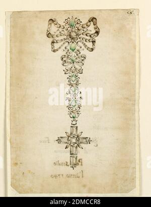 Design für Anhänger mit Kreuz, Girolamo Venturi, Stift und Tinte, Pinsel und Sepia, grünes Aquarell auf Papier, große bis kleine Bögen mit grünen Steinen, die zum hängenden Kreuz führen., Italien, ca. 1740, Schmuck, Zeichnung Stockfoto